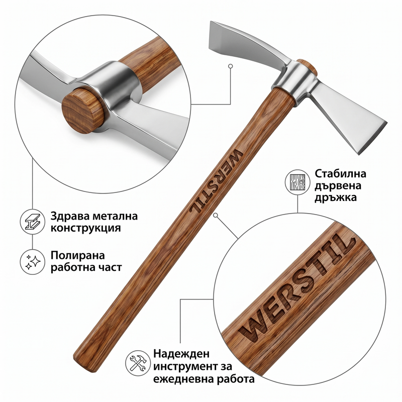 WERSTIL Градинска мотика 2 в 1 с дървена дръжка – ръчен инструмент за окопаване, плевене и обработка на почва