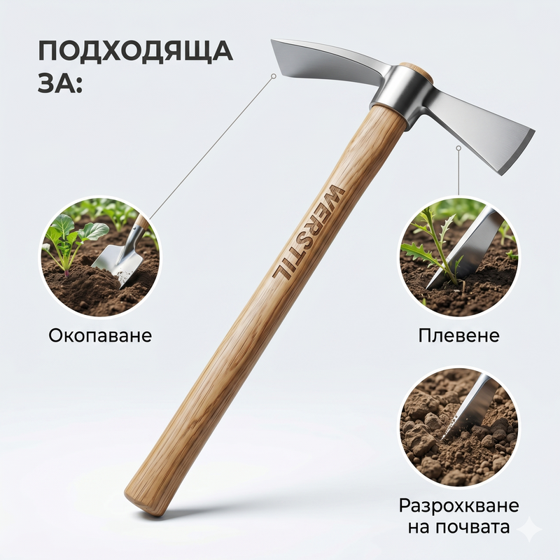 WERSTIL Градинска мотика 2 в 1 с дървена дръжка – ръчен инструмент за окопаване, плевене и обработка на почва