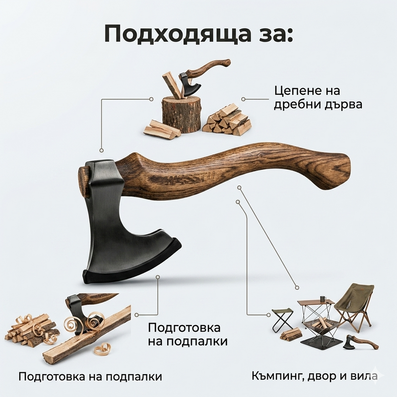 Компактна брадва с дървена дръжка