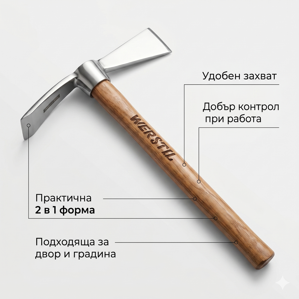 WERSTIL Градинска мотика 2 в 1 с дървена дръжка – ръчен инструмент за окопаване, плевене и обработка на почва