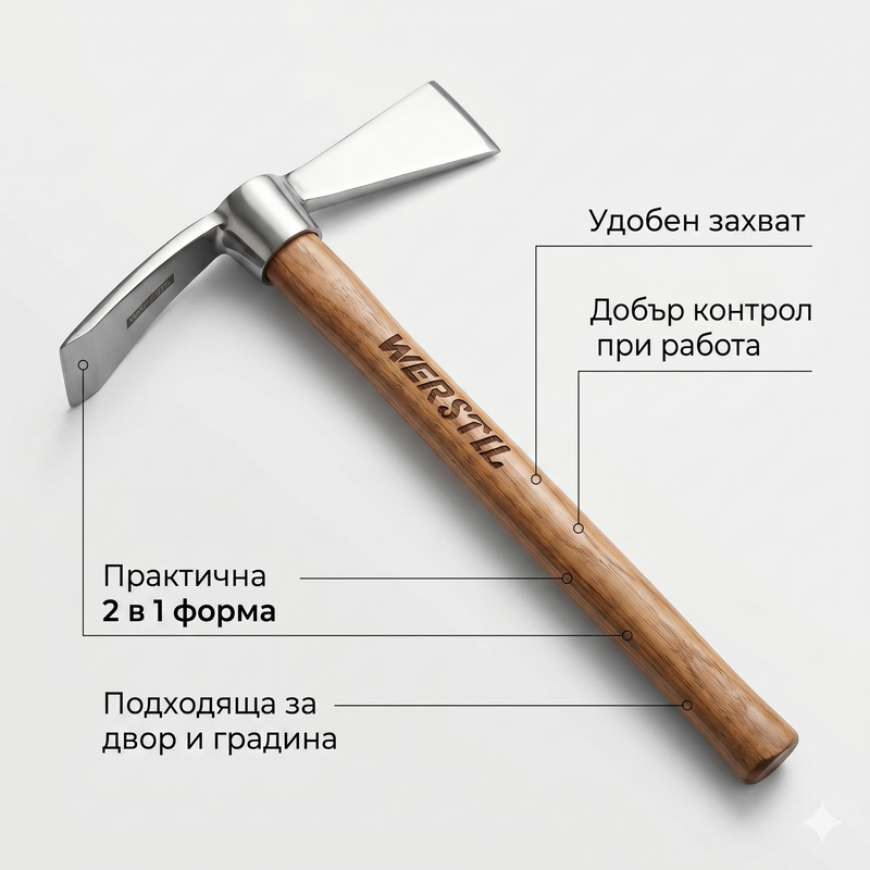 WERSTIL Градинска мотика 2 в 1 с дървена дръжка – ръчен инструмент за окопаване, плевене и обработка на почва