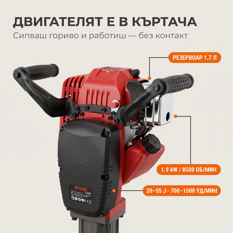 Бензинов къртач 125A отблизо — двигател 1.9 kW, резервоар 1.7 л, удар 20–55 J