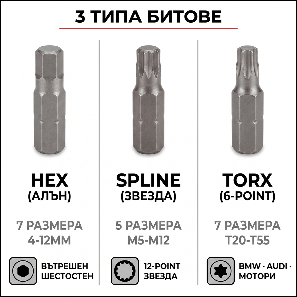 Битове за гайковерт OKBOONS 40 части — HEX, TORX, SPLINE, 30+75мм
