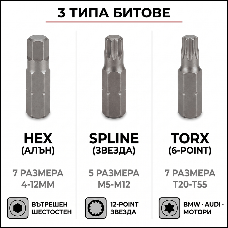 Битове за гайковерт OKBOONS 40 части — HEX, TORX, SPLINE, 30+75мм