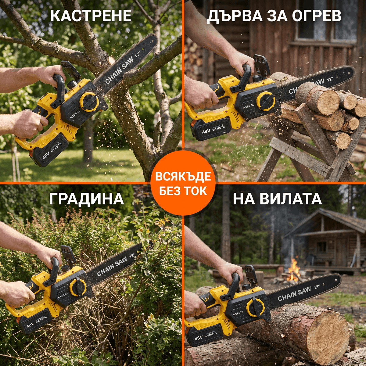 Акумулаторна Верижна Резачка WERSTIL 48V — Шина 12", с 2 Батерии и Куфар