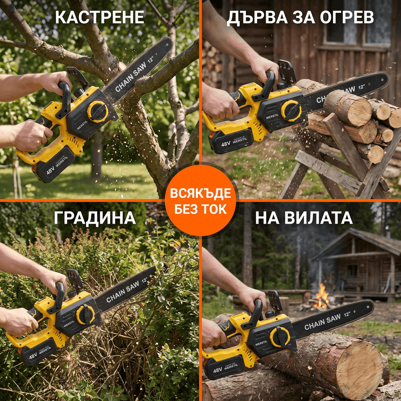 Акумулаторна Верижна Резачка WERSTIL 48V — Шина 12", с 2 Батерии и Куфар