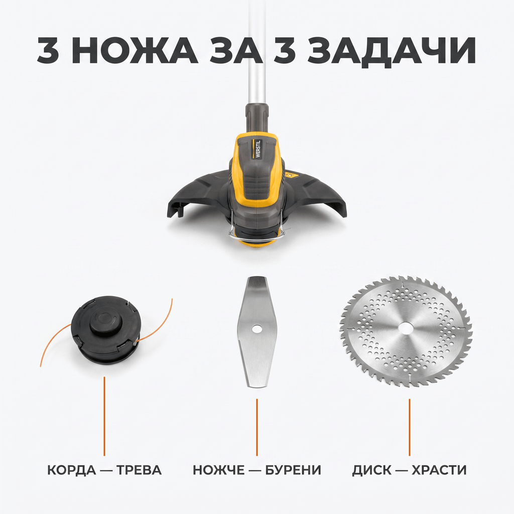Акумулаторен Тример WERSTIL 24V — 3 Ножа, Телескопичен, с 2 Батерии