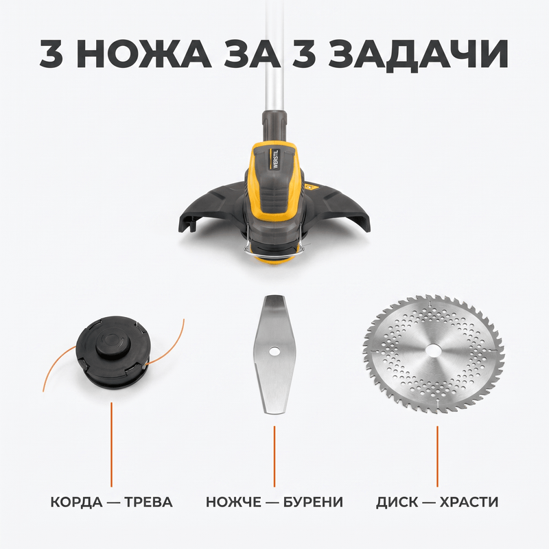 Акумулаторен Тример WERSTIL 24V — 3 Ножа, Телескопичен, с 2 Батерии