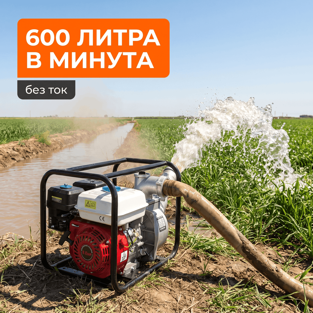 Бензинова Водна Помпа  6.5 к.с. — 600 л/мин, Напор 30м, Четиритактова
