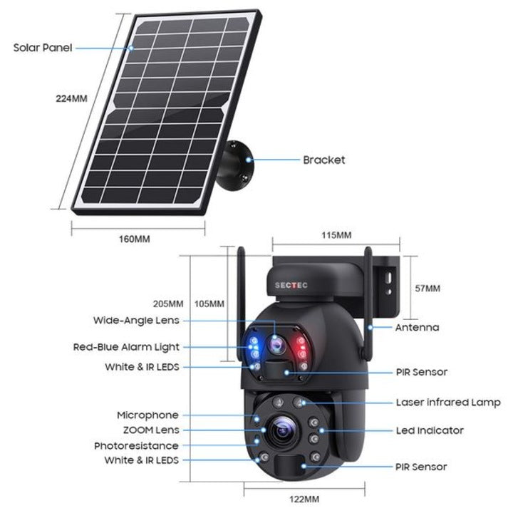 Соларна камера 6MP с 2 обектива, 4G SIM, RGB сирена, 8 LED, IP66